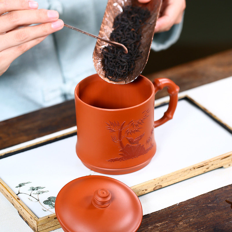 正宗宜兴紫砂原矿纯全手工朱泥大容量茶杯杯子带盖茶杯