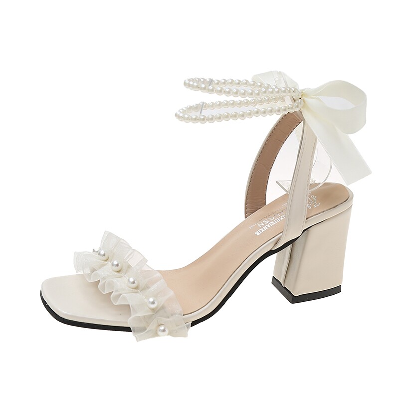 卓诗尼凉鞋女仙女风法式小众设计感蝴蝶结绑带一字带珍珠高跟鞋女