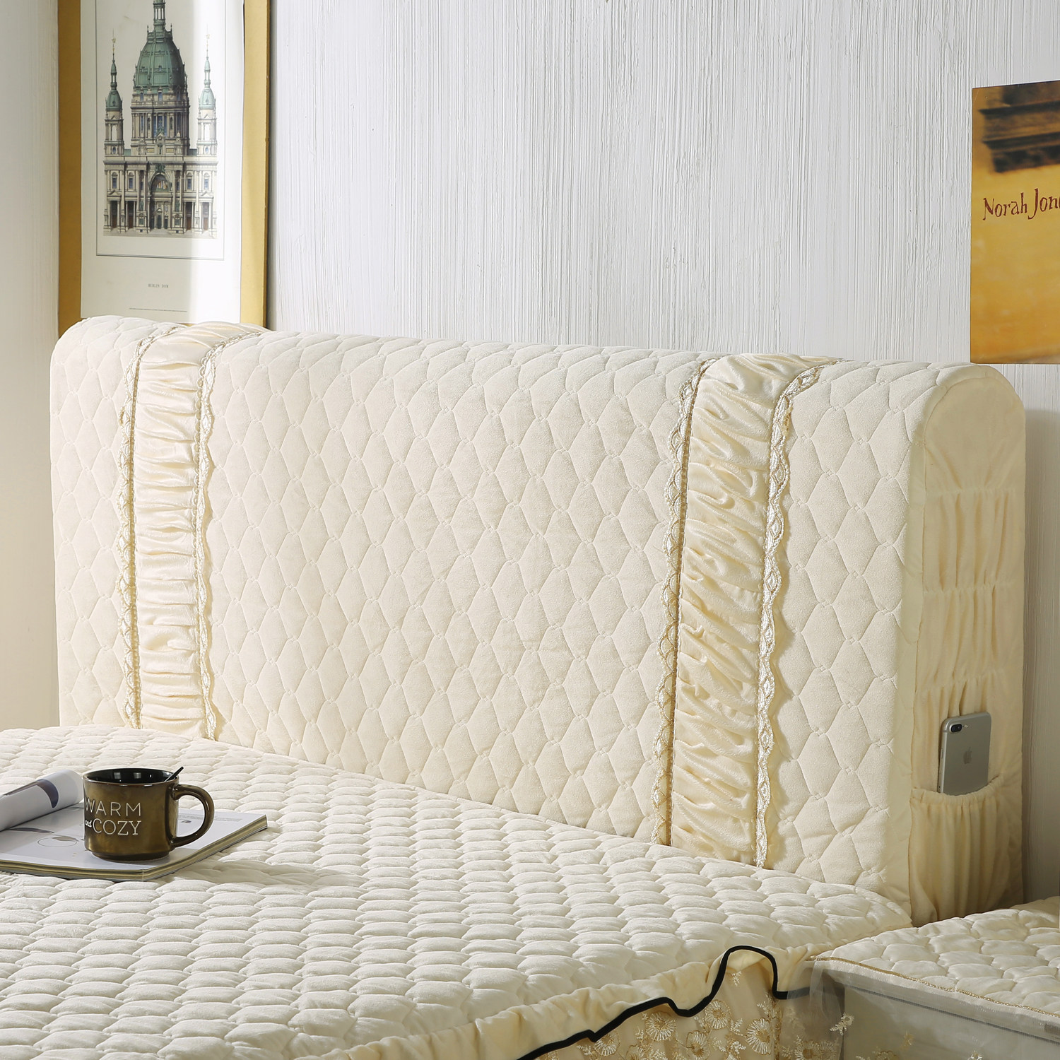 床头水晶绒夹弹力全包头罩头套软包靠背套皮床头罩