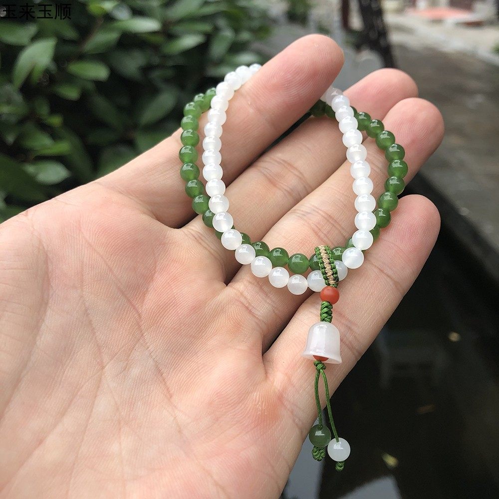 天然新疆和田玉手手链青海羊脂白珠子串俄料手饰