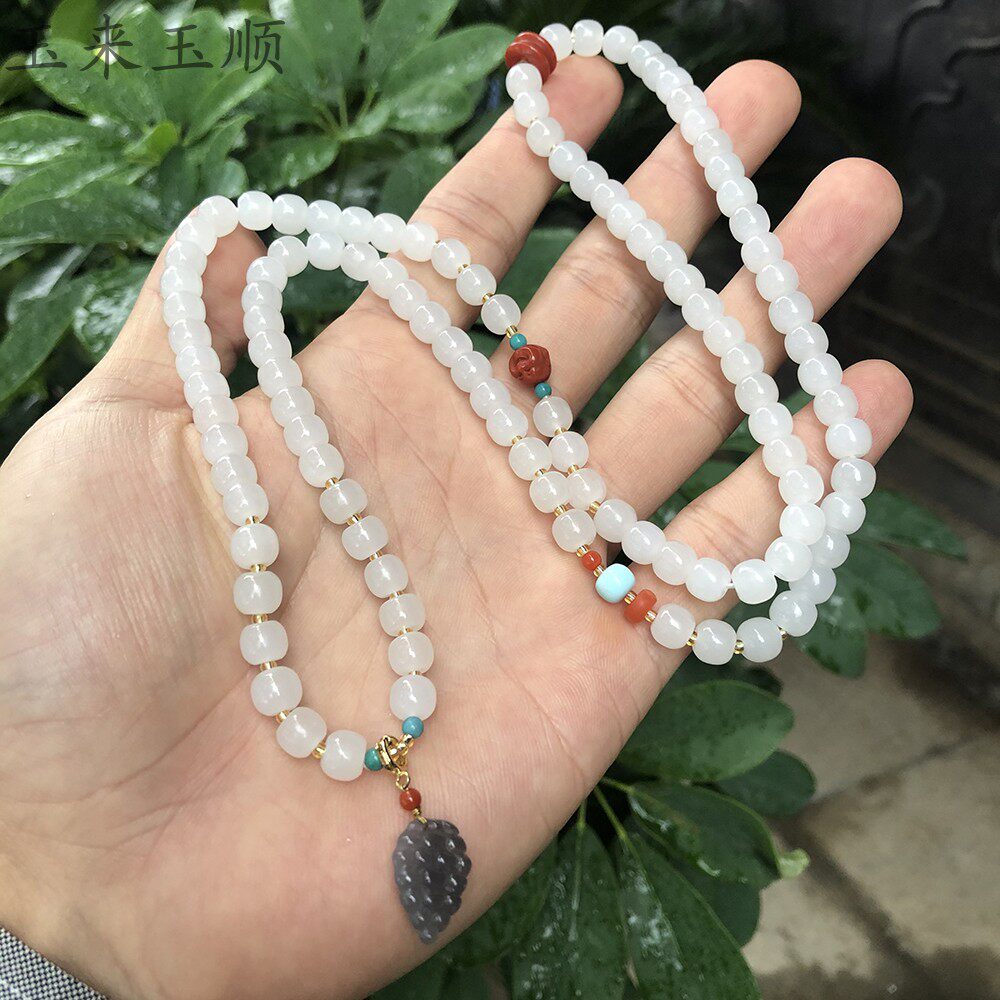 和田玉手手链青海羊脂白圆老珠子子串莲花南红手饰