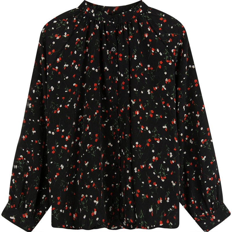 黑色气质小碎花雪纺衬衫上衣女2020春新款百搭夏宽松长袖v领衬衣