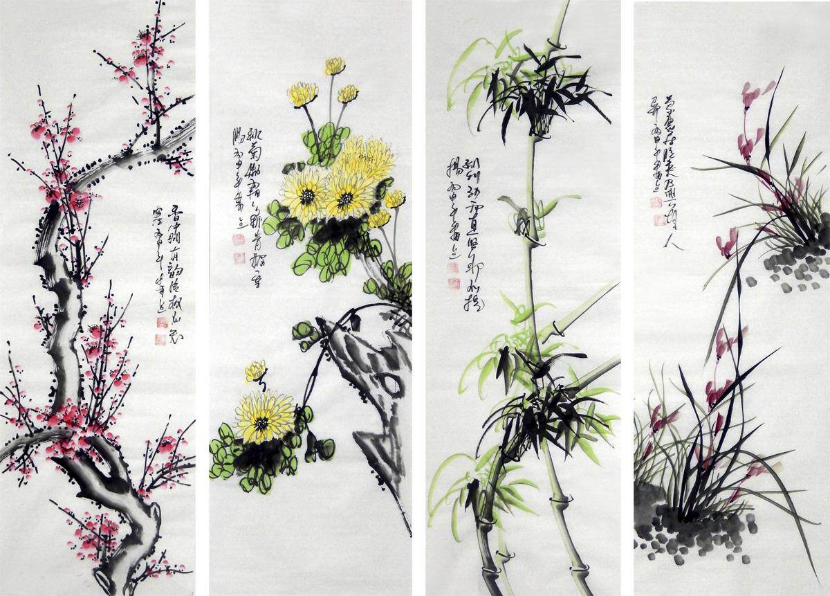 特价国画花鸟清雨雨点手绘真迹梅兰竹菊四条仿古国画