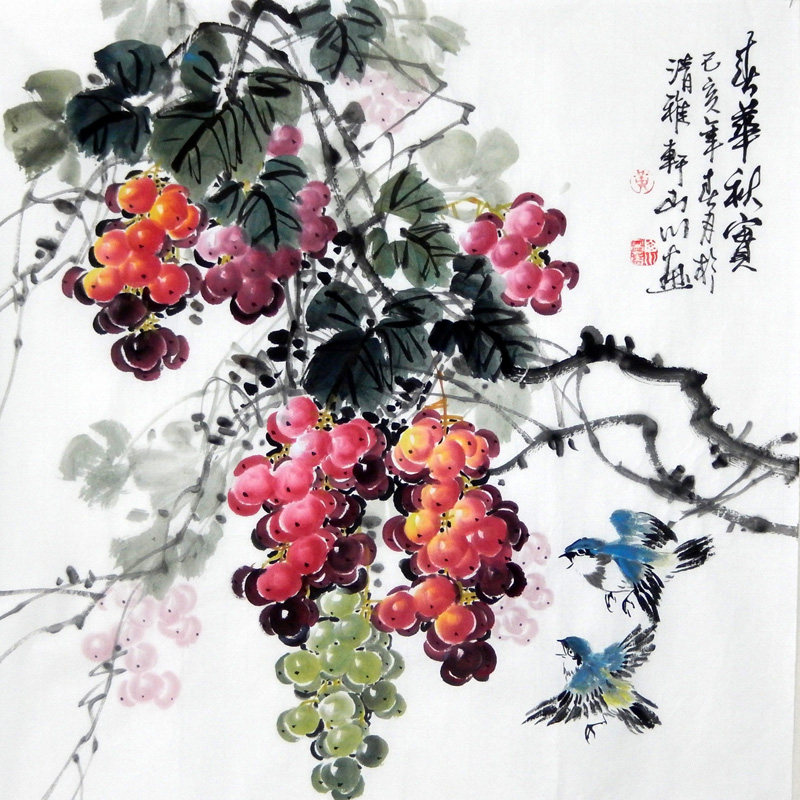 手绘四尺实可秋实春华葡萄硕果斗方国画花鸟国画