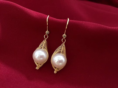 14k注金猫眼珍珠耳环 10-11mm天然淡水珍珠 简约设计送朋友送女友