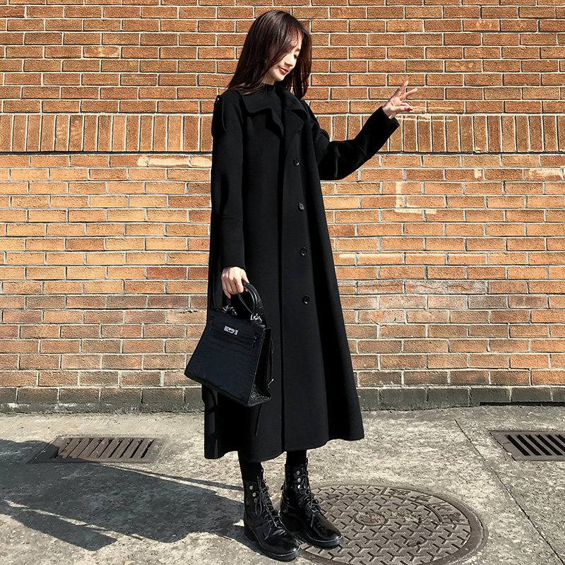 黑色大衣女过膝中长款2019流行新款韩版宽松呢子加厚冬季毛呢外套