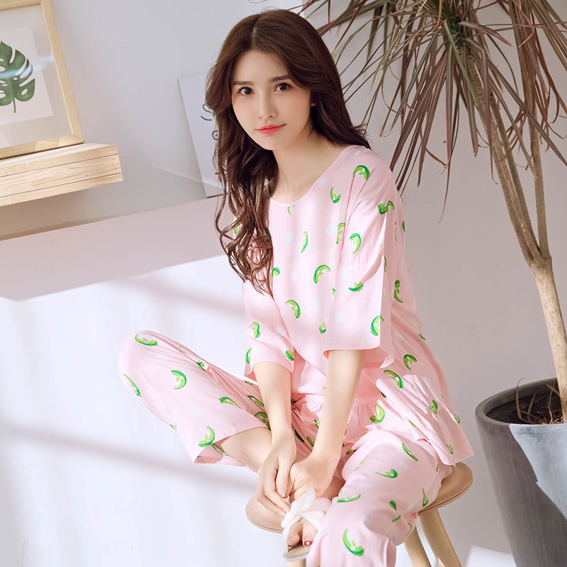 睡衣女春夏季新款梭织纯棉绸睡衣夏季长袖绵绸薄款人造棉布家居服