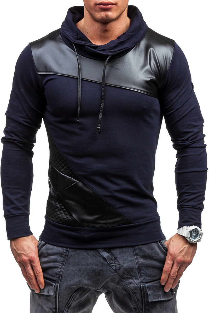 卫衣男menleatherpatchworksweatshirtslimfitmenshoodies卫衣定制