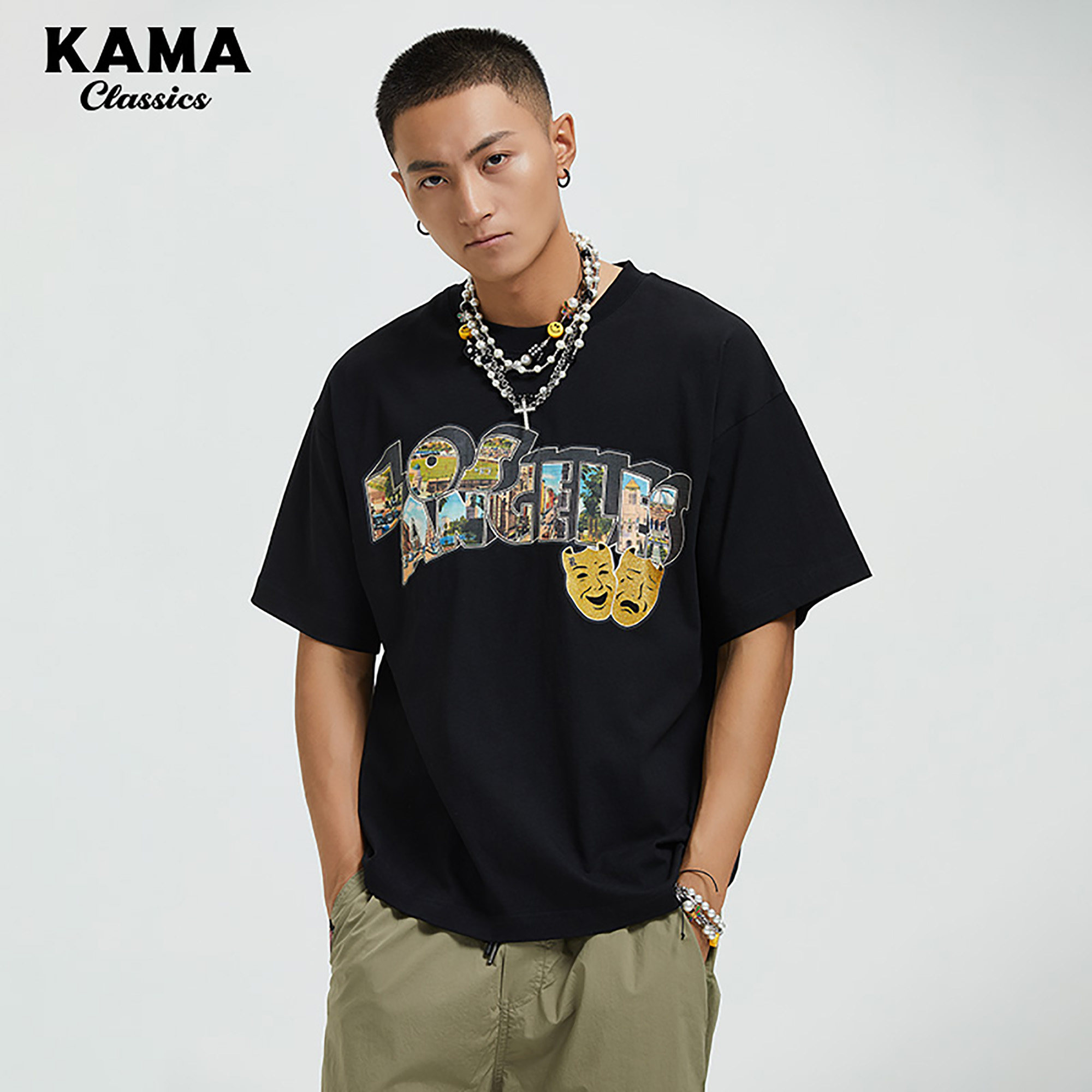 saintk艺术家联名新款哭笑笑脸西海岸美式复古街头t恤