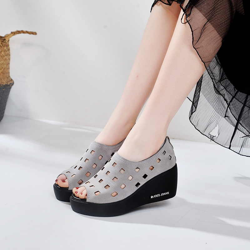 2022夏季坡跟凉鞋松糕厚底高跟鱼嘴鞋凉鞋女真皮镂空鞋洞洞鞋露趾