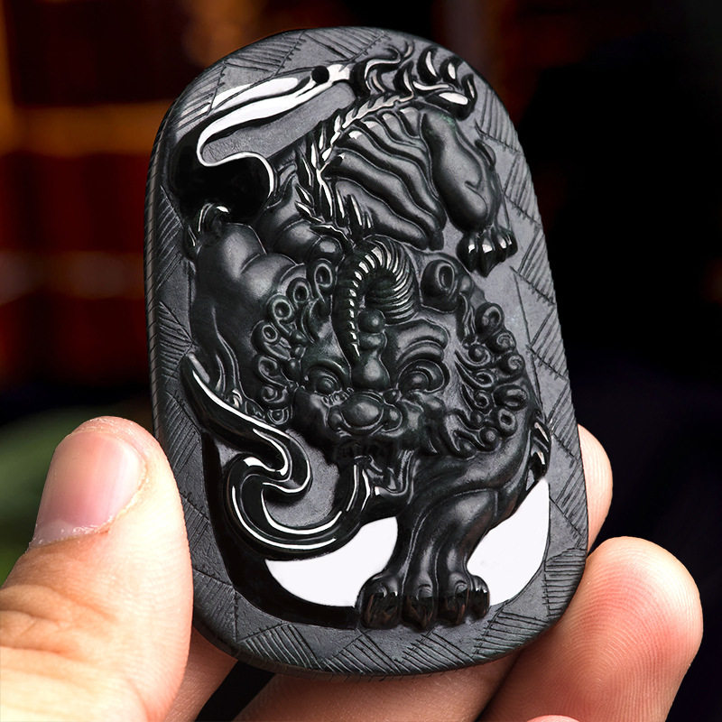 天然墨翠翡翠墨玉招财貔貅冰种玉石石麒麟吊坠项坠