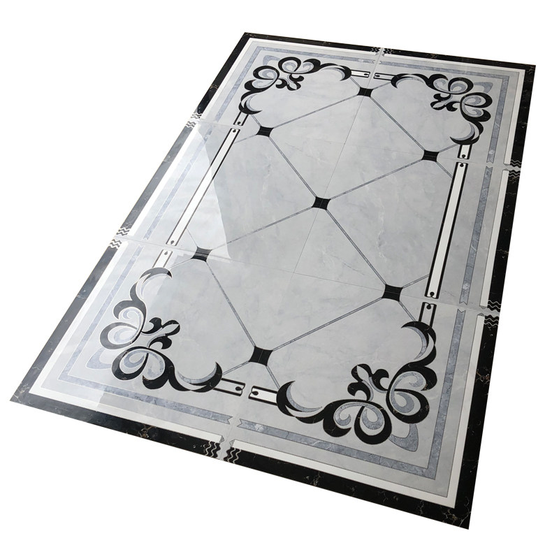 佛山新款简约灰色客厅拼花地砖入户过道餐厅地毯花仿水刀地心—抛晶砖