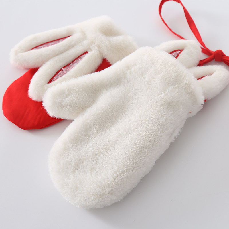 儿童手套冬季保暖女童可爱加绒加厚挂脖小兔子手指套宝宝卡通新年