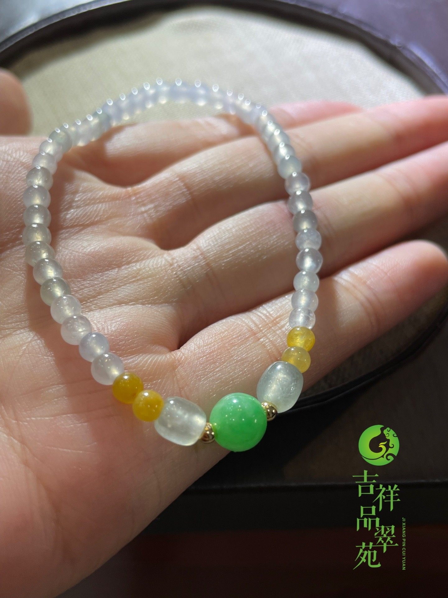 翡翠缅甸货甜圆珠冰种手串18k金珠天然翡翠冰种手手链