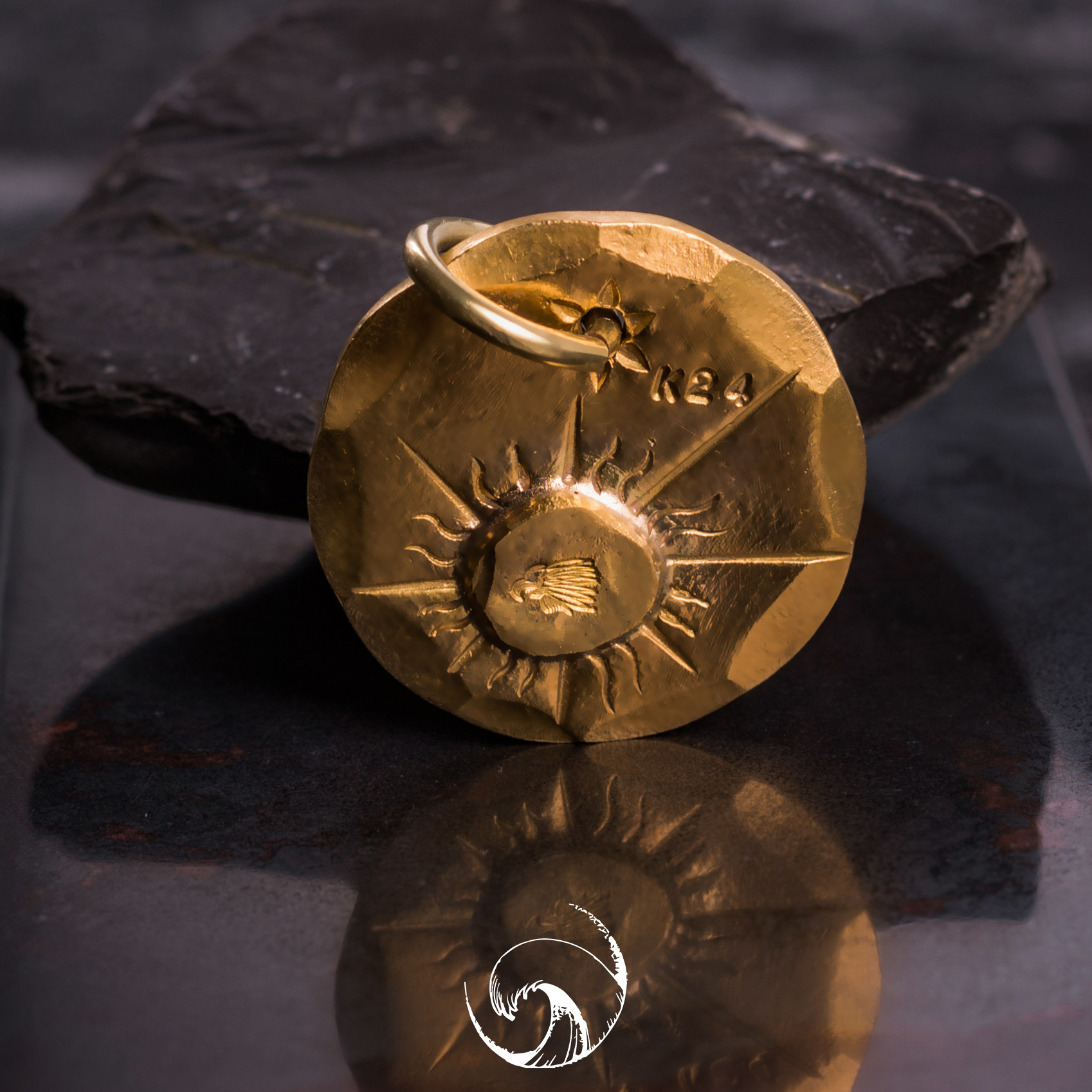 高山隆3cm全金24k金饼金环stoplight刻花吊坠定制项坠