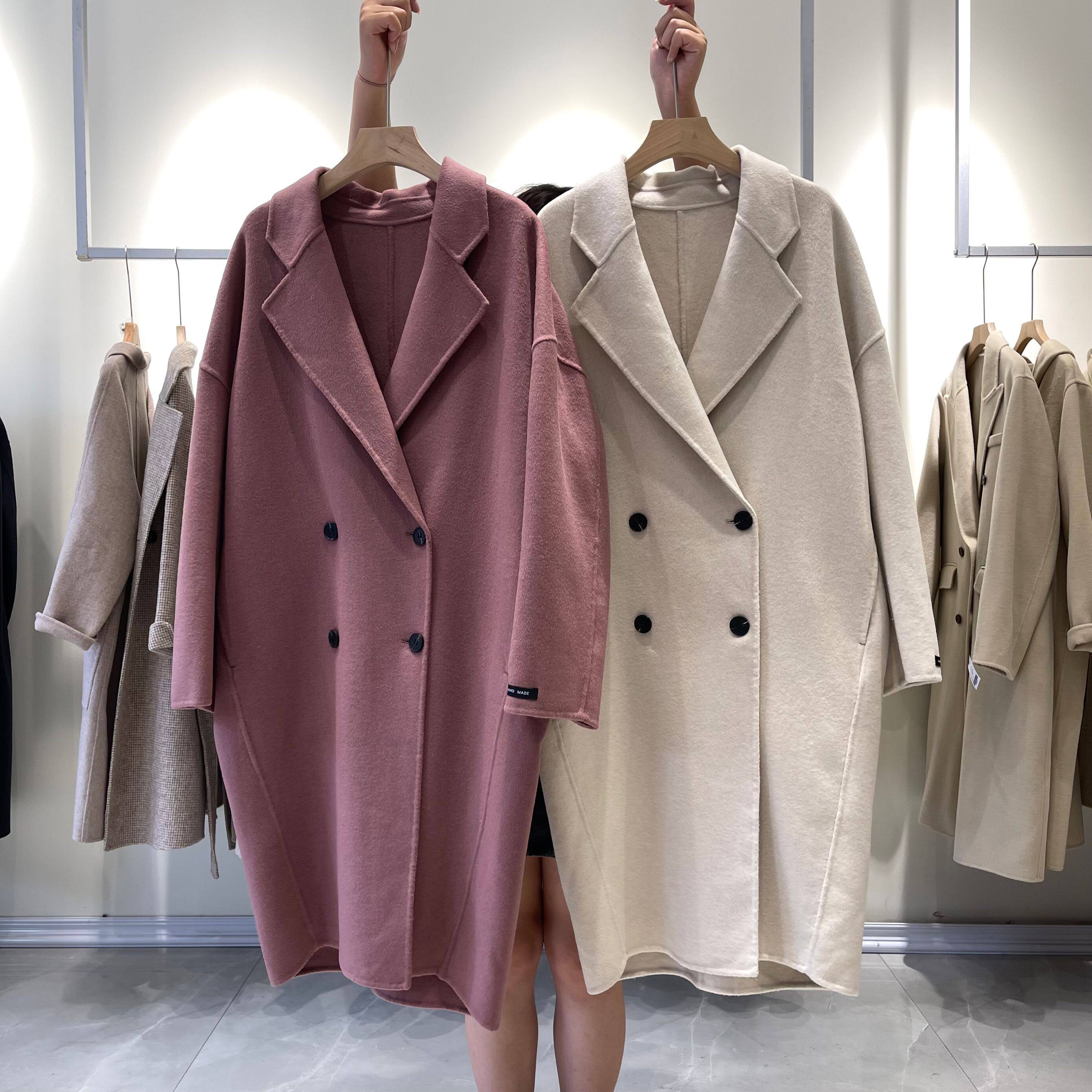 双面羊绒大衣女中中长高端茧型粉色宽松大版毛呢外套
