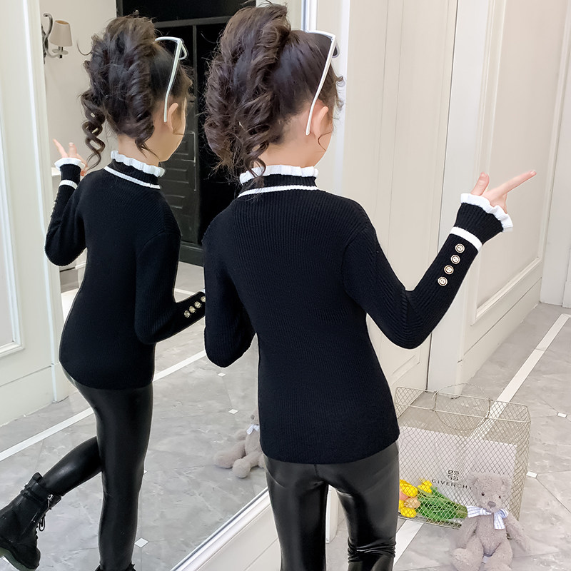 女童内搭小女孩针织衫高领半高春秋一体套头黑色毛衣