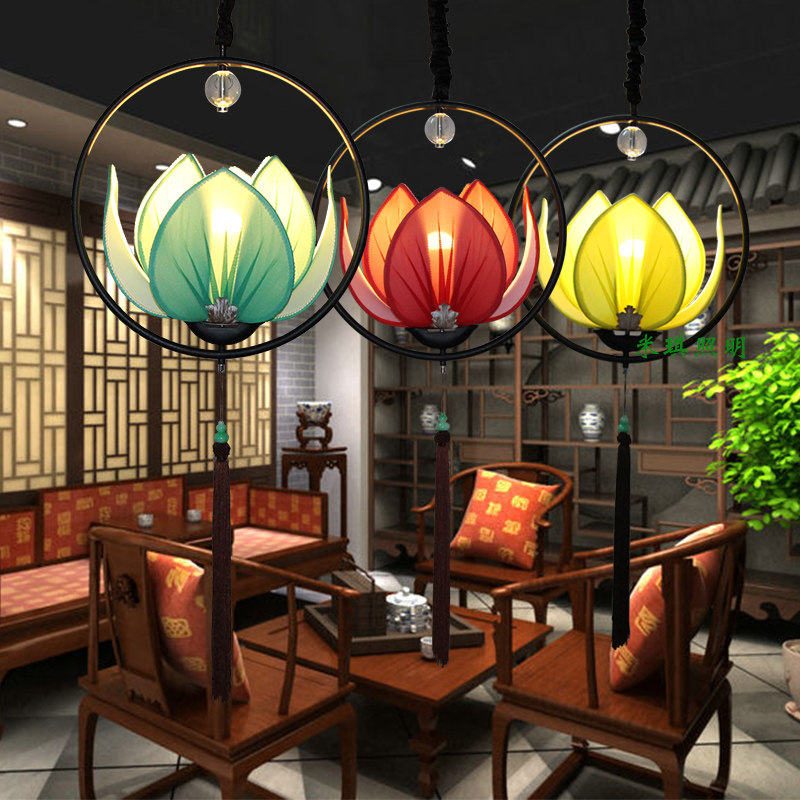 客厅新中式花灯会所茶楼过道玄关灯笼布艺荷花客厅吊灯