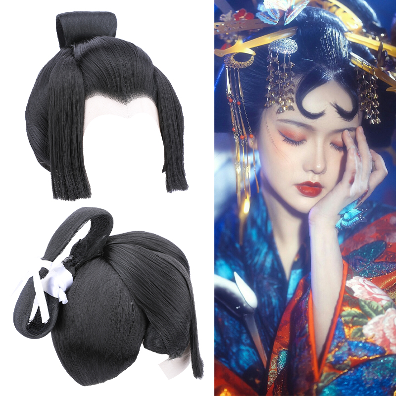 日本艺妓艺伎刘海发套花魁盘头古风贵妃头套日常整顶假发