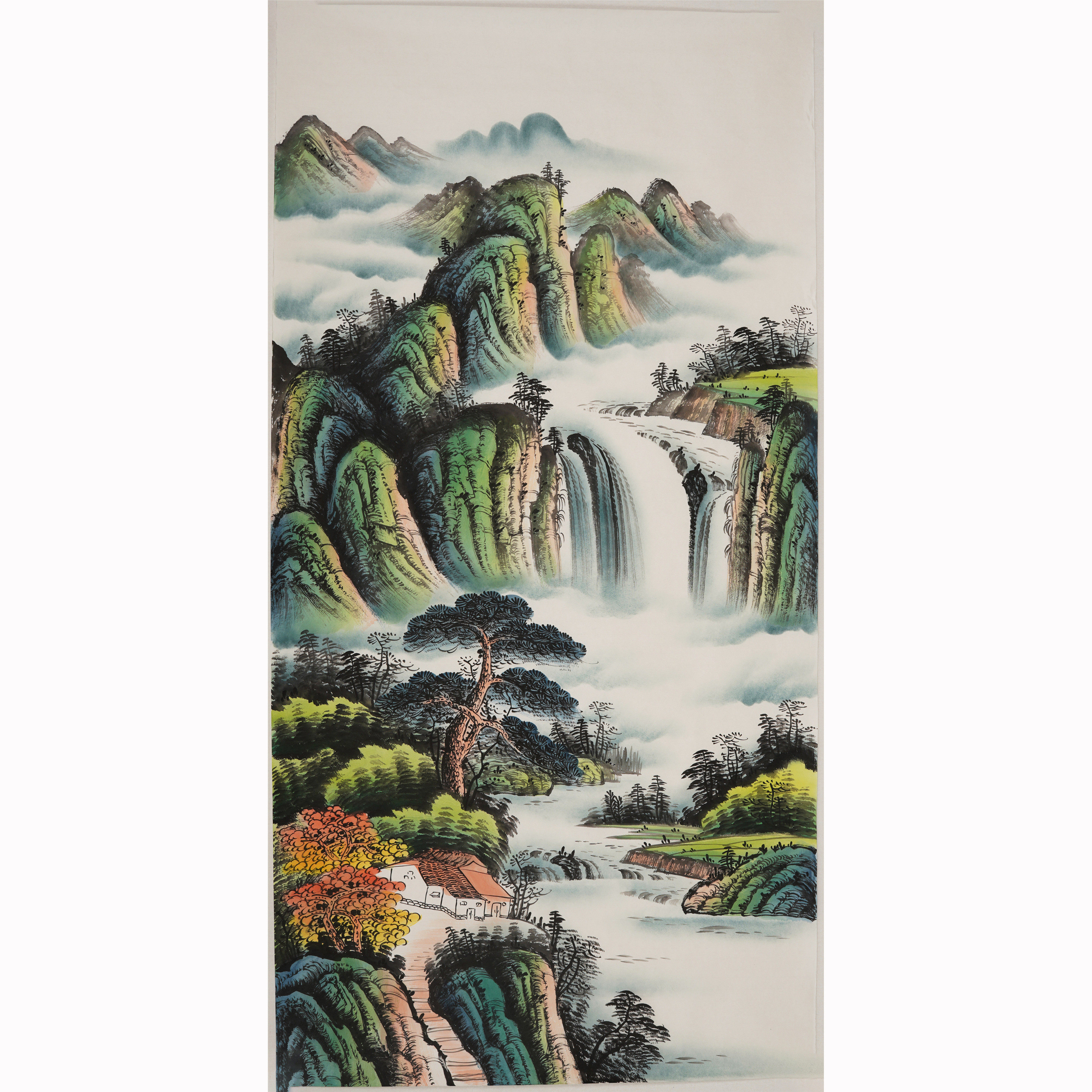 装饰画中堂玄关题款手绘国画竖款山水画青绿无款国画