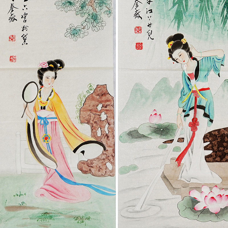 工笔仕女图四美人四大美女杨贵妃貂蝉昭君西施人物条屏秦薇画1140