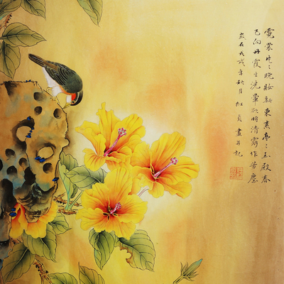 四尺斗方工笔花鸟画凌霄花石头小鸟纯手绘仿古国画任红贞字画0136