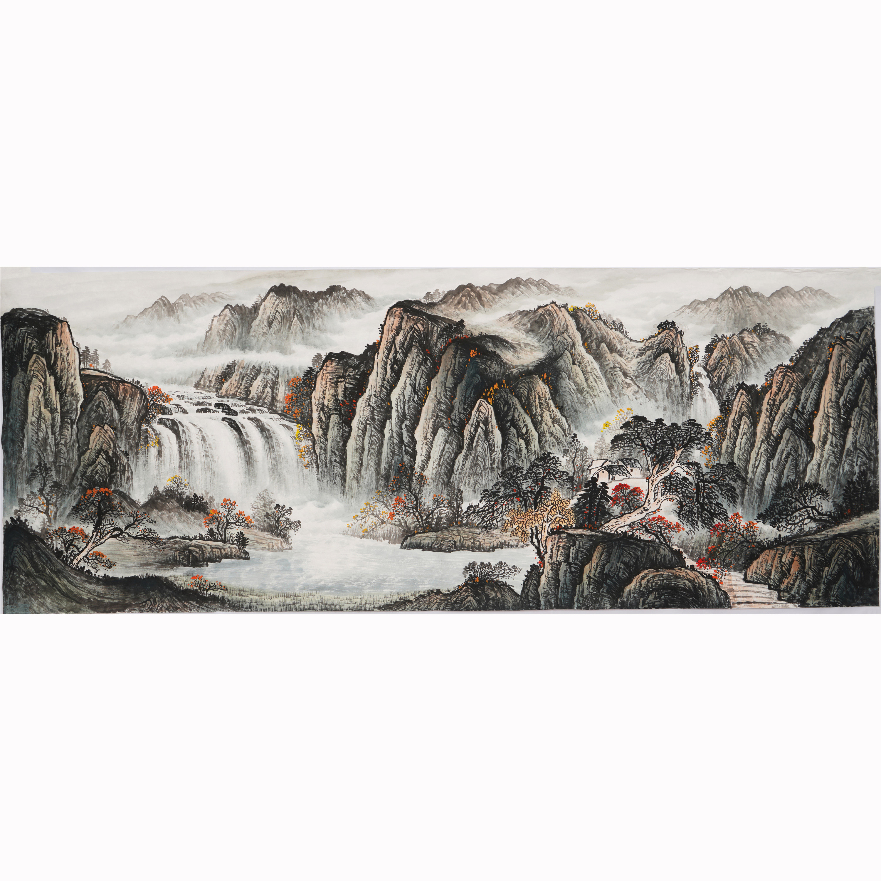 小六尺斗方无款山水画手绘国画中式客厅玄关字画没落款0405