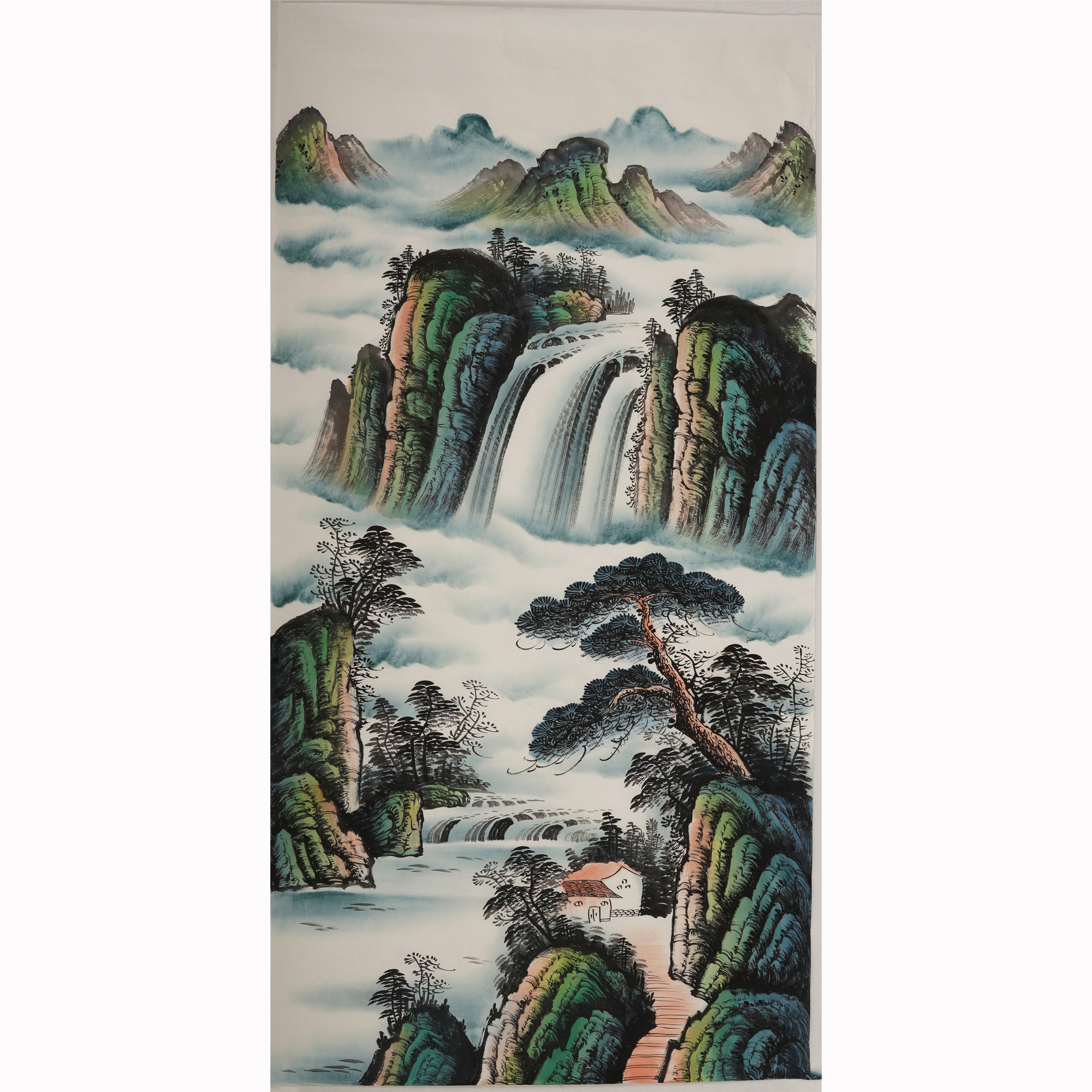 装饰画中堂玄关题款手绘国画竖款山水画青绿无款国画