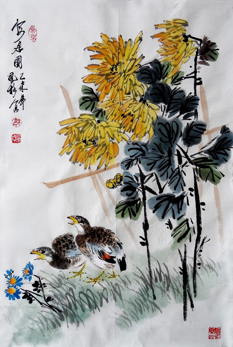 国画手绘写意画花鸟画四尺开三客厅字画安居乐业锦鸡郝凤格0035