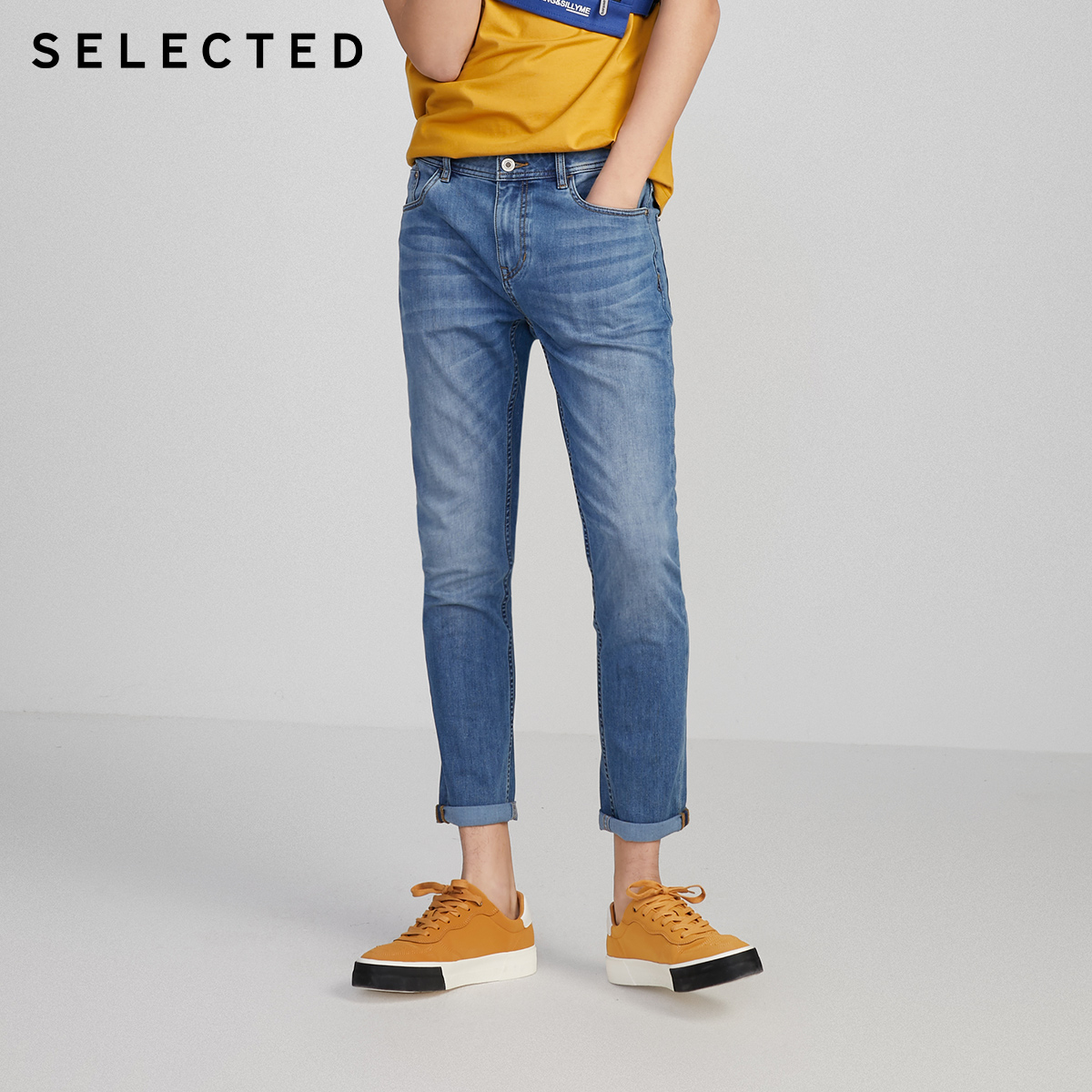 SELECTED思莱德夏男含棉水洗潮流休闲紧身卷边牛仔裤S|420232506