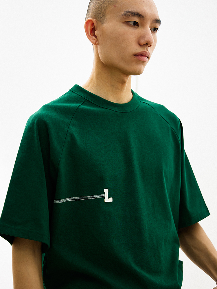 LAKE 21SS宽松圆领纯棉插肩短袖缝线贴布绣简约休闲原创国潮T恤