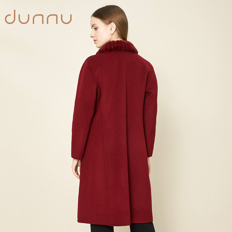 敦奴流行大衣女冬季新款中长款毛绒领时尚单扣双面羊毛呢外套