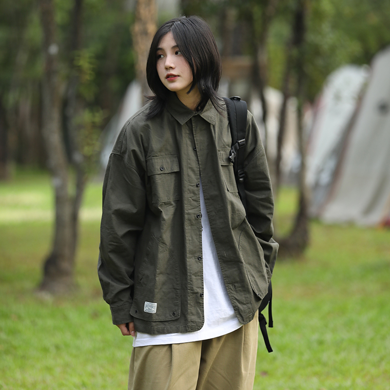 你初恋老王工装外套衬衫男春秋长袖日系军绿色衬衣潮流宽松休闲女