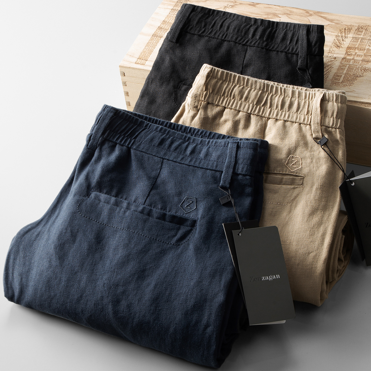 夏季纯亚麻休闲裤男士松紧腰长裤字母刺绣棉麻裤子宽松直筒薄款