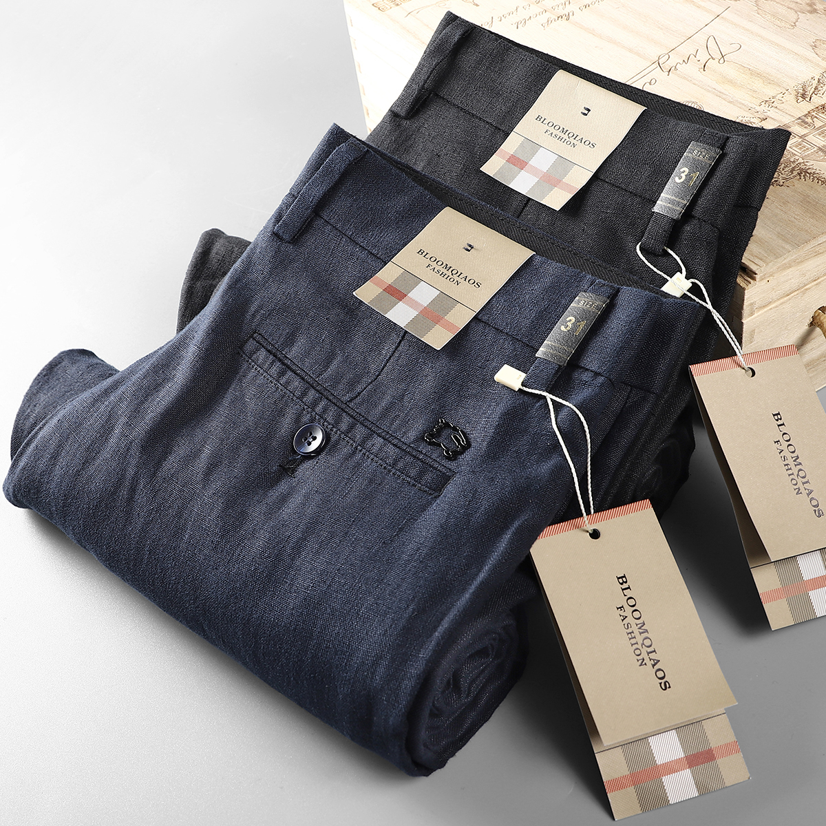 B家夏季纯亚麻商务休闲裤男轻薄款长裤宽松直筒棉麻裤子大码青年