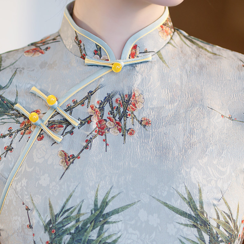 走秀旗袍年轻夏长款中年妈妈时尚竹叶图片连衣裙旗袍