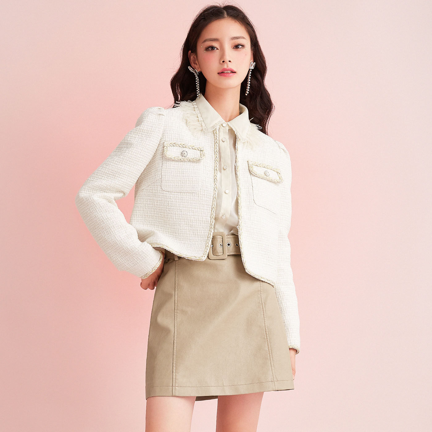 糖力秋冬新款白色编织肌理小香风外套气质时尚短外套