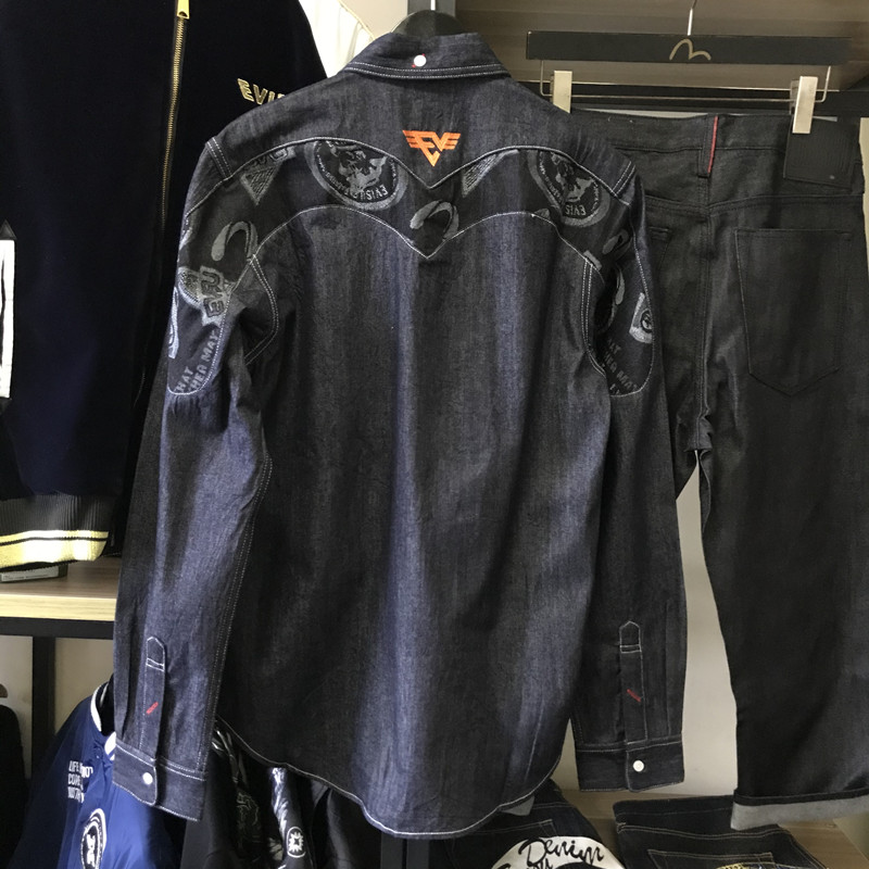 潮牌福神服男士春秋军事嵌条大M牛仔长袖衬衫