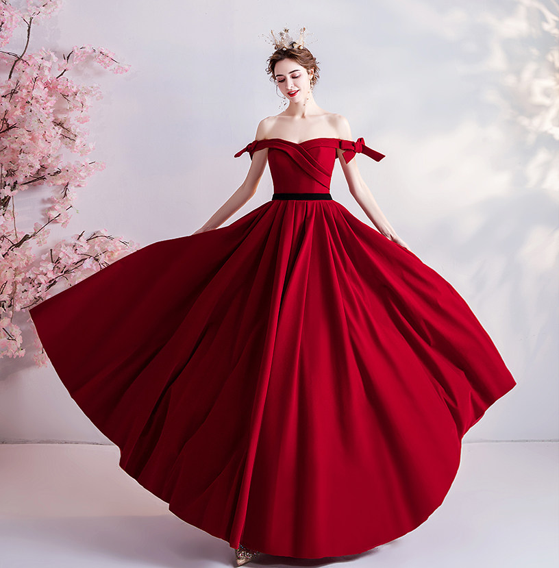 天使嫁衣赫本风酒红色新娘结婚敬酒宴会年会礼服