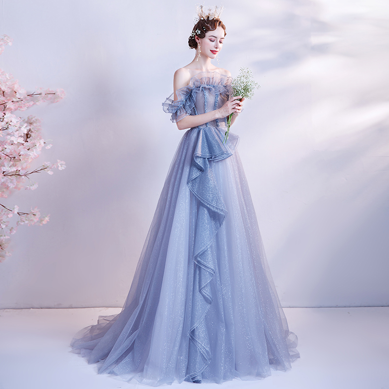 天使嫁衣万籁星空渐变裙深蓝色宴会年会主持人婚纱礼服16018