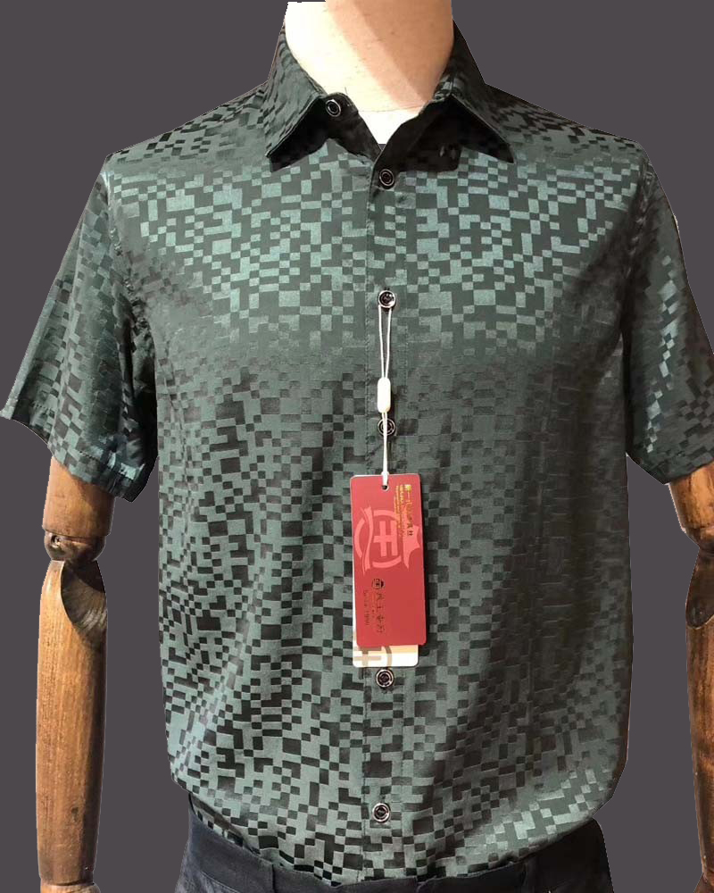 杭州丝绸 真丝男装 中年桑蚕丝弹力缎短袖衬衫 半袖衬衣 父亲礼物