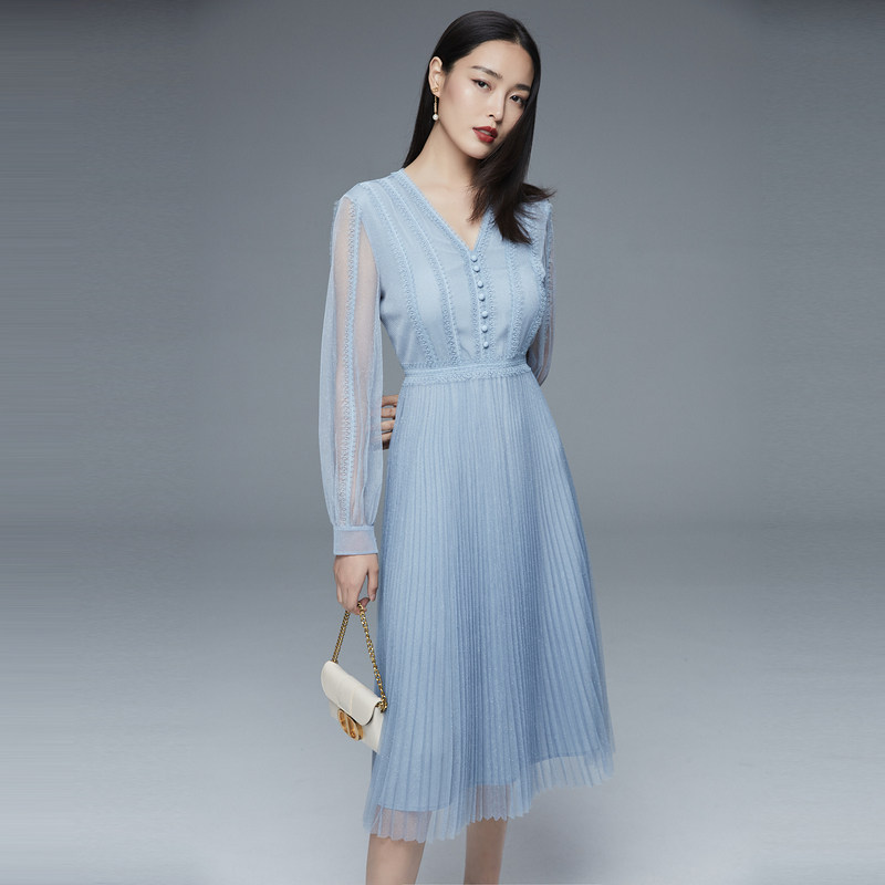 芭蒂娜蓝色蕾丝连衣裙女2022春秋新款收腰显瘦时尚减龄气质中长裙