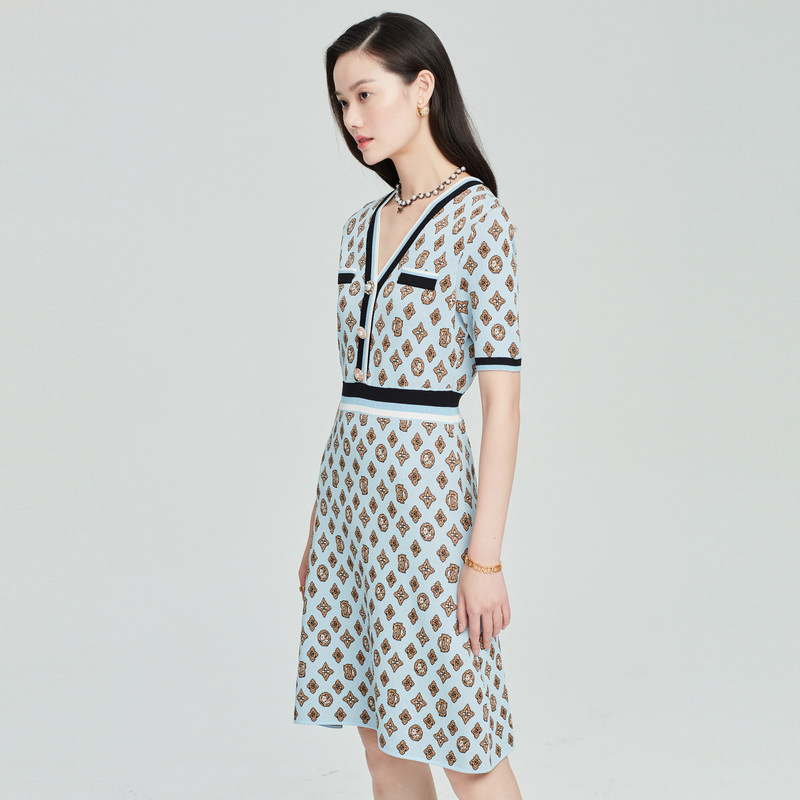 芭蒂娜连衣裙春夏新款高腰修身复古短袖气质轻奢连衣裙