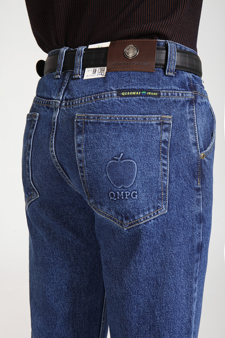 苹果牛仔裤正品中年秋冬厚款纯棉直筒高腰宽松牛仔裤