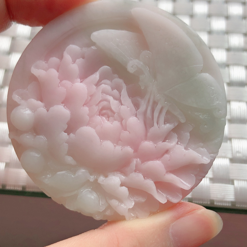 独山玉石冰种芙蓉红凤凰牡丹牡丹花花粉吊坠鉴定颈饰