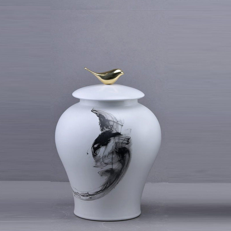 现代新中式陶瓷水墨储物罐创意小鸟家居家居装饰装饰品摆件