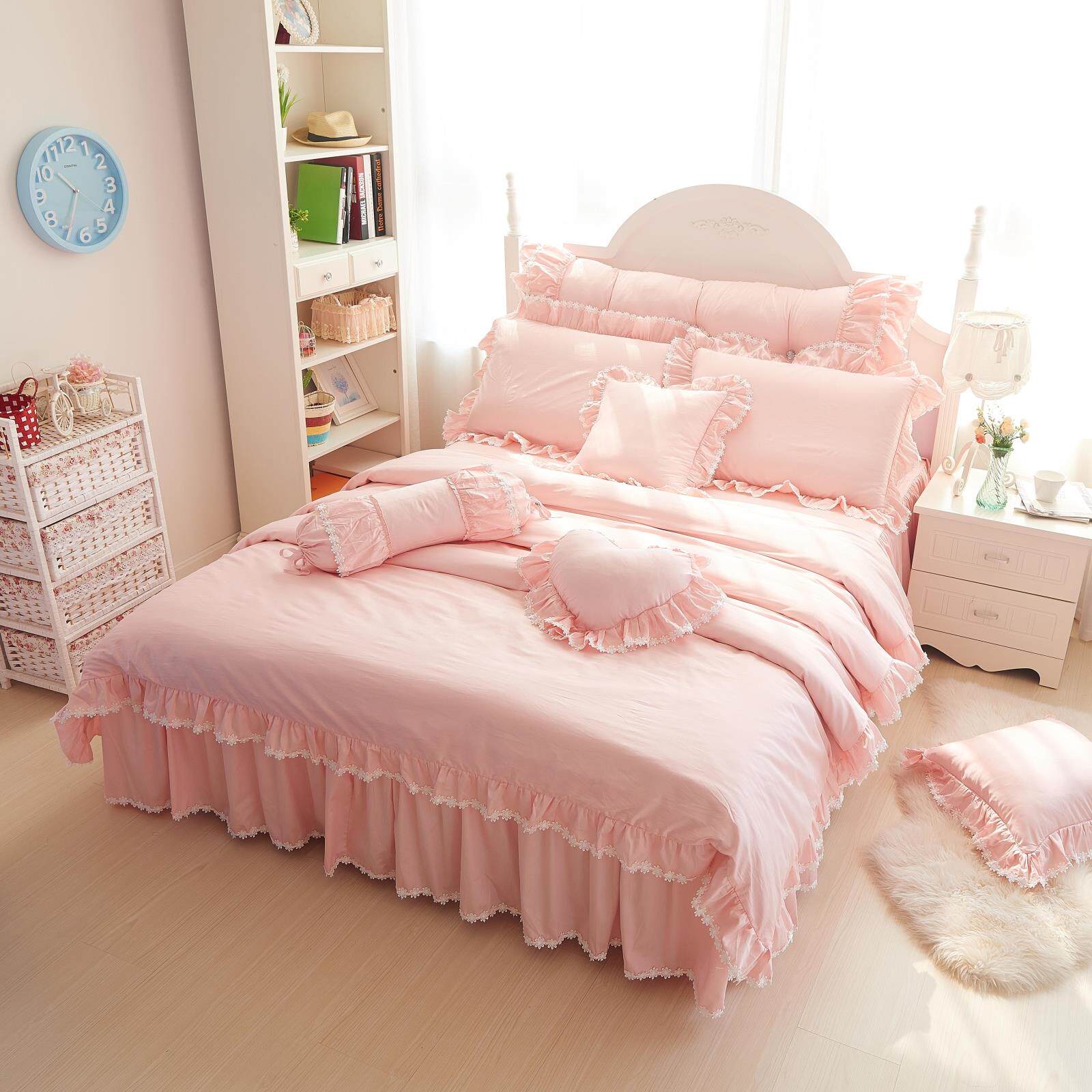 韩式全棉蕾丝粉色公主纯棉贡缎提花婚庆床上用品四件套1.8/2.0m床