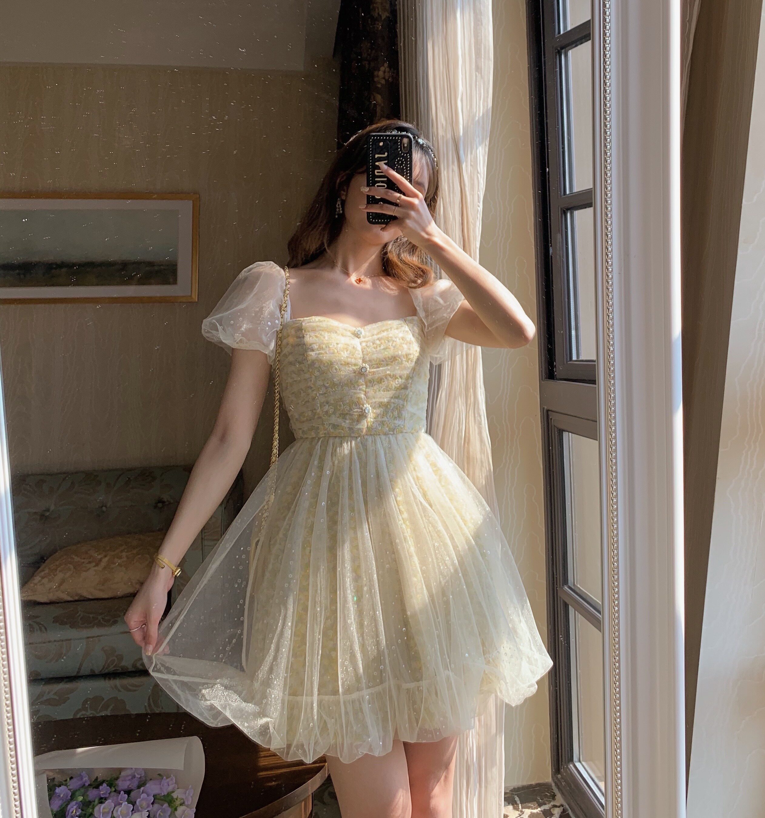 acaine在逃公主玫瑰细闪裙网纱气质连衣裙方领裹胸露肩可爱蓬松裙 - a