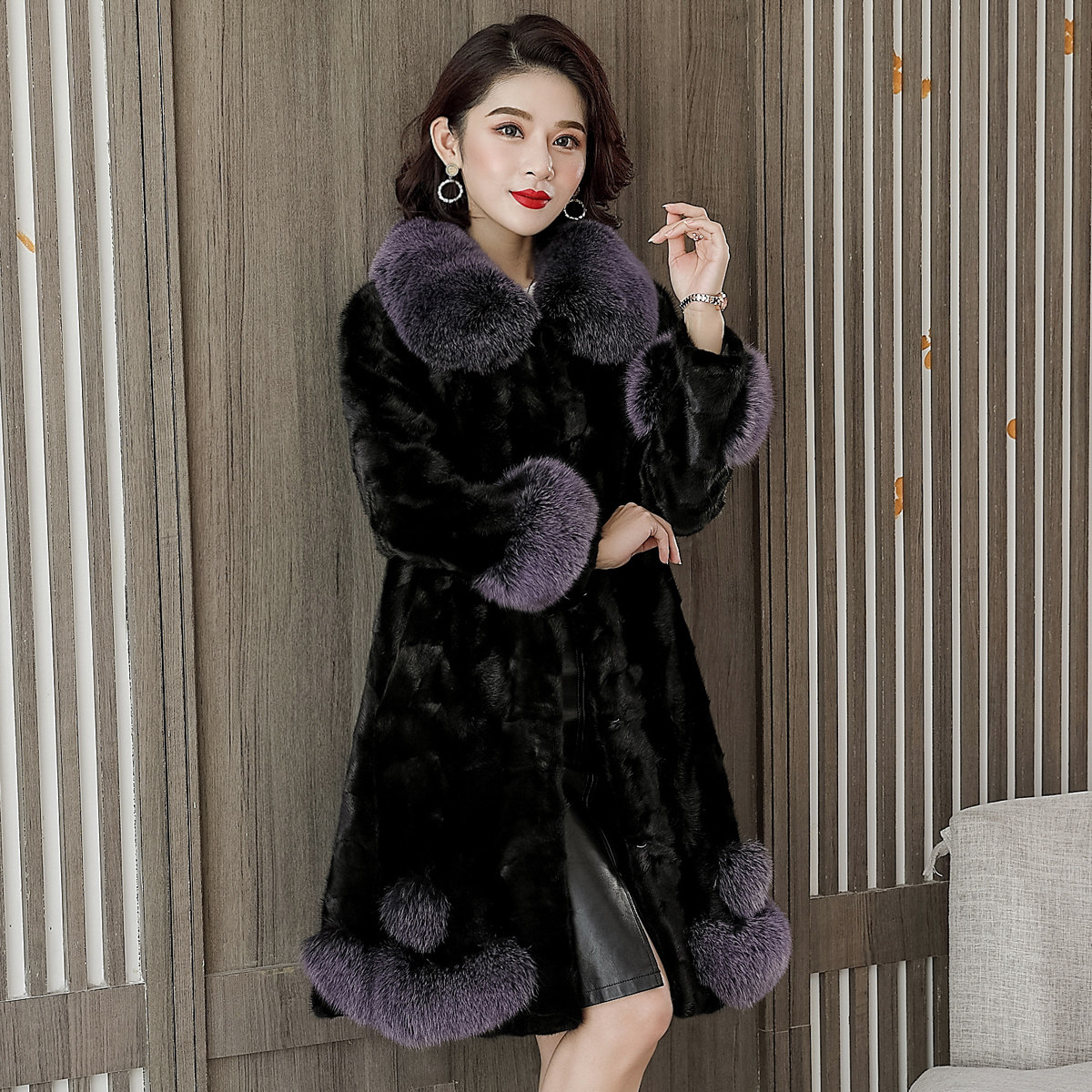 新款2021狐狸毛领水貂皮草外套女中中长貂皮皮草