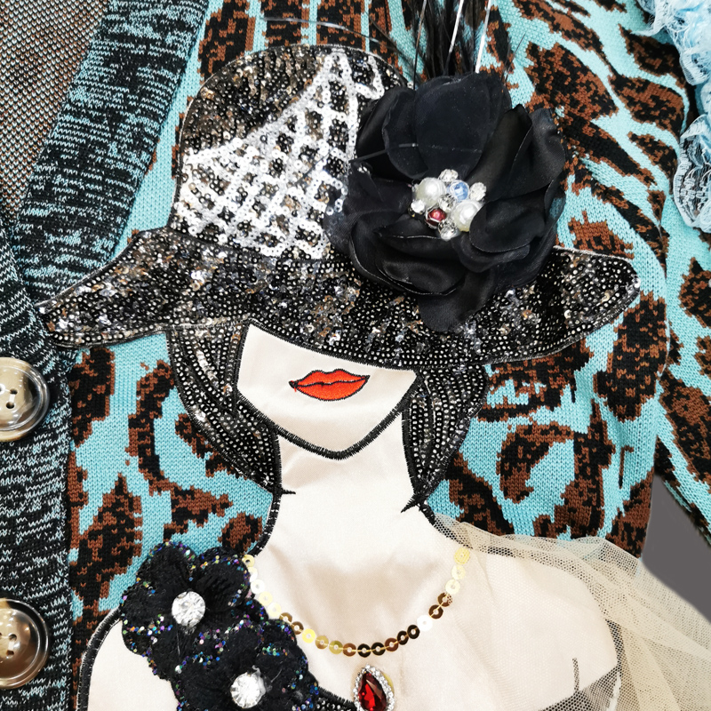 退换女装潮牌豹纹亮片女人头像网纱时尚套装